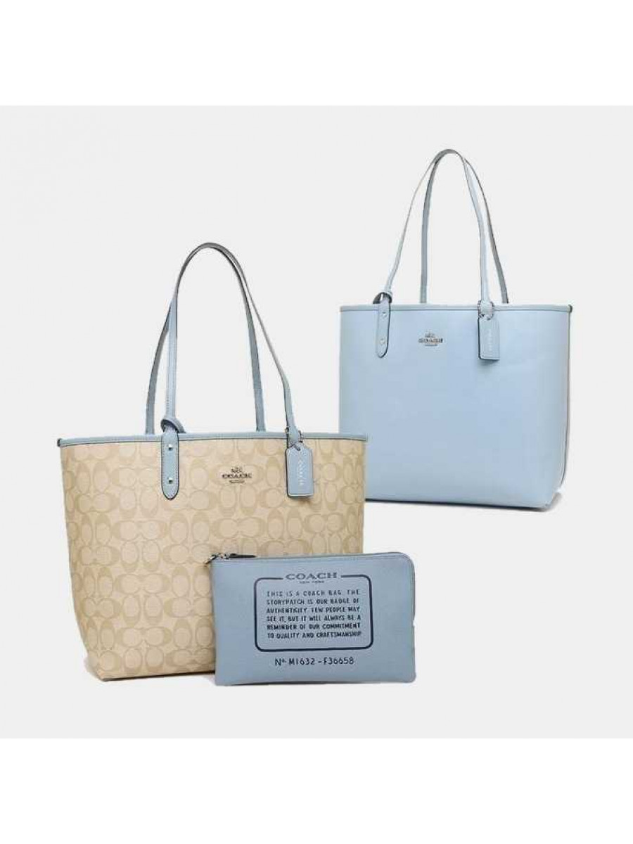 Сумка Coach Reversible City Tote In Signature Canvas (Khaki/Cornflower)(Серебро)