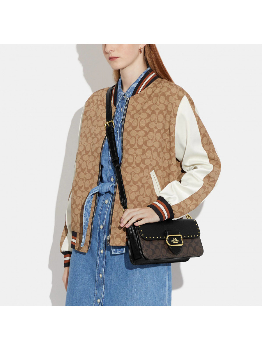 Сумка Coach Morgan Shoulder Bag In Colorblock Signature Canvas With Rivets - Gold/Brown Black Multi