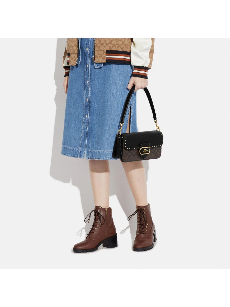 Сумка Coach Morgan Shoulder Bag In Colorblock Signature Canvas With Rivets - Gold/Brown Black Multi