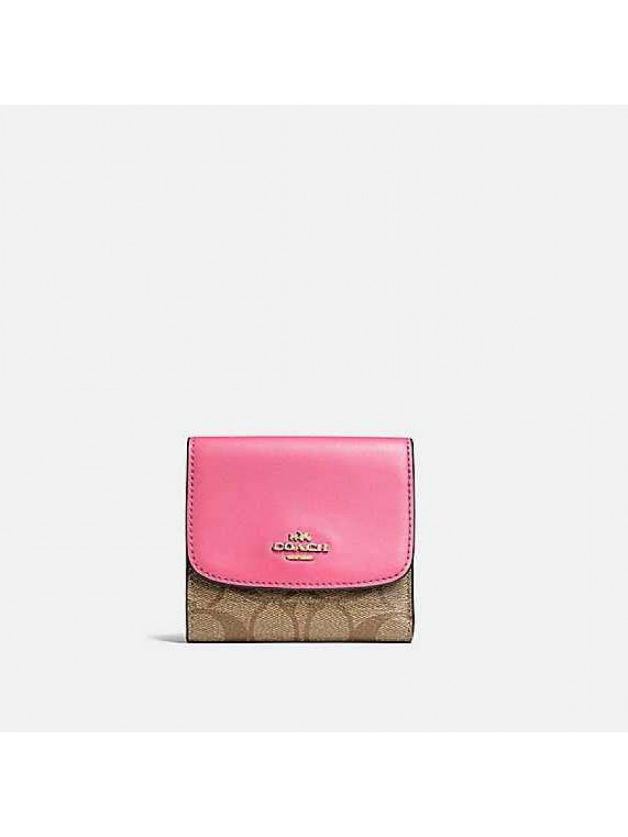 Кошелёк Coach Small Trifold Wallet In Signature Canvas (Khaki/Pink Ruby)(Золото) Coach